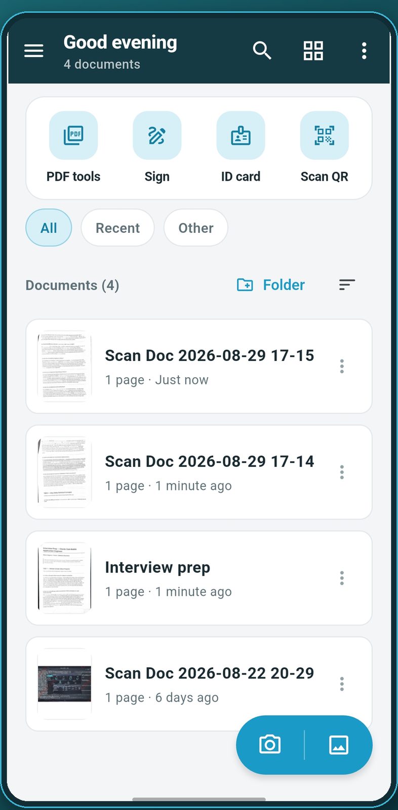 Keepary home screen listing scanned documents, with PDF tools, sign, ID card, and scan.